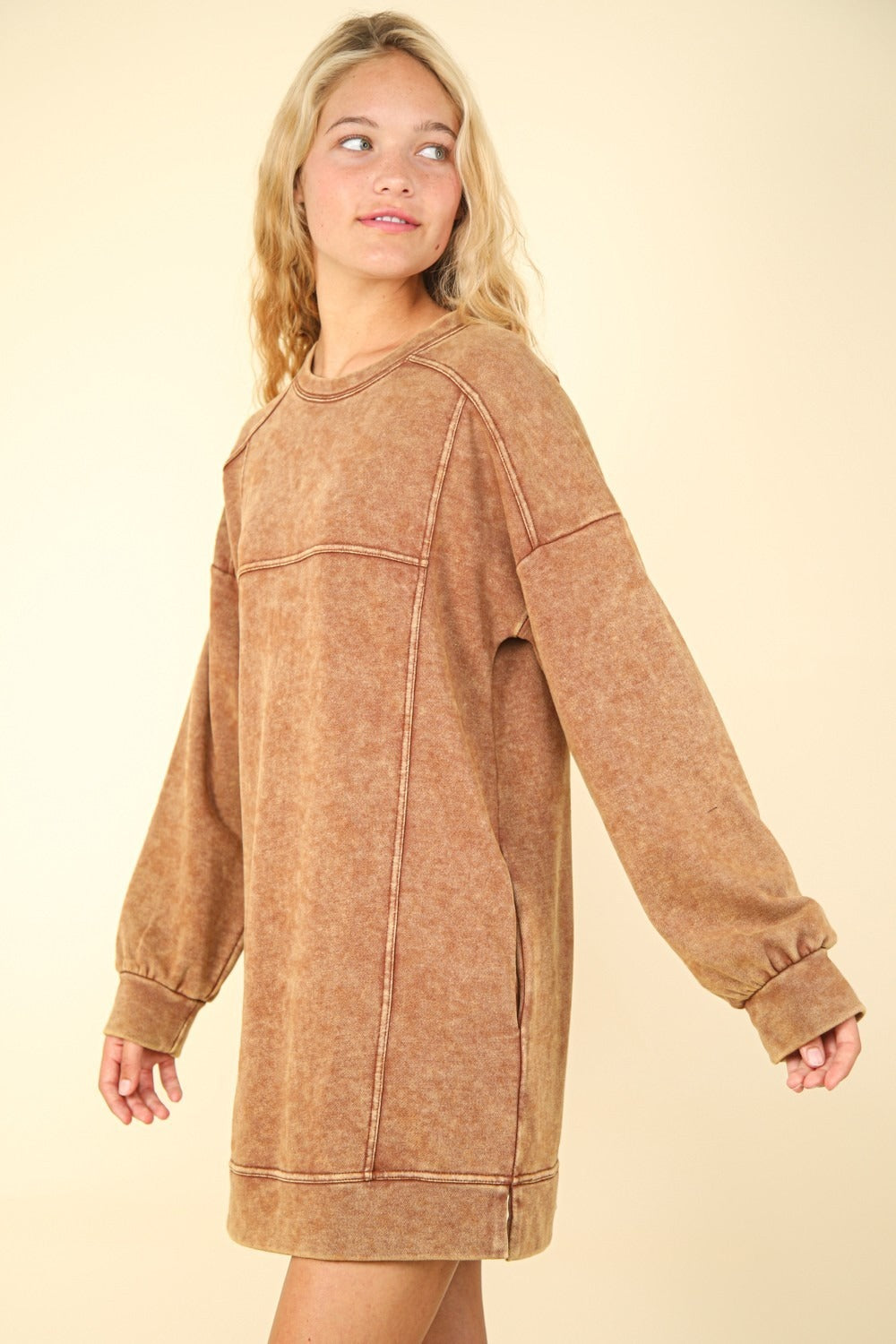 VERY J Mineral Washed Oversized Sweatshirt Mini Dress In Camel