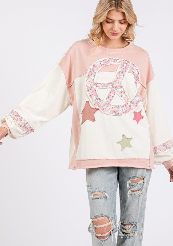 SAGE + FIG Peace & Star Patch Sweatshirt In Blush Pink