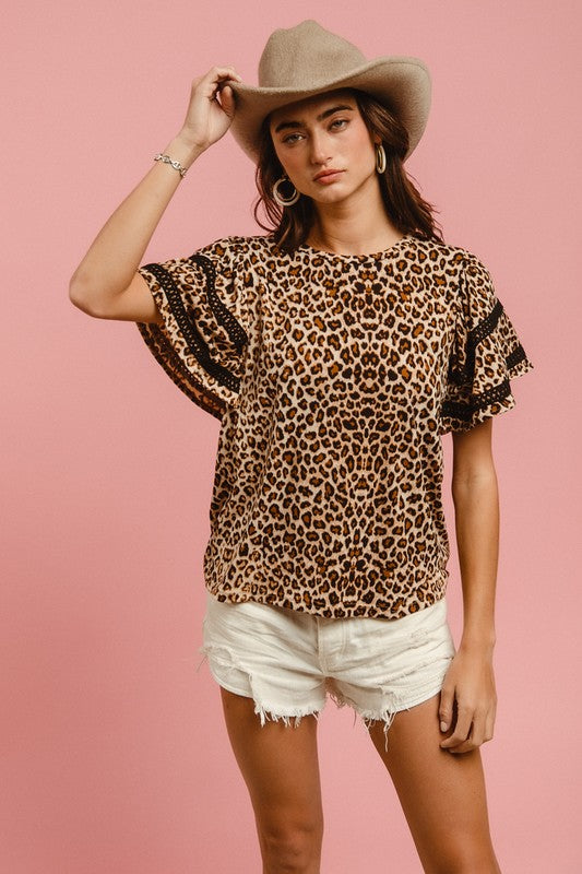 BiBi Leopard Crochet Trim Top In Leopard