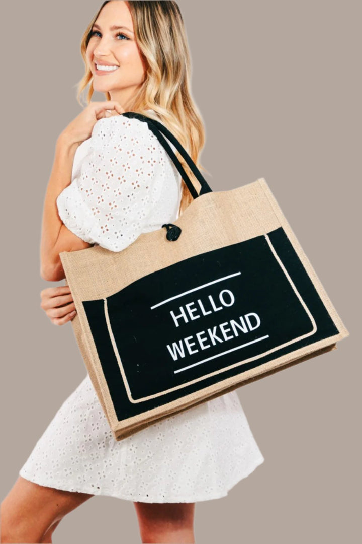 Fame Hello Weekend Burlap Tote Bag