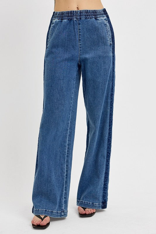 RISEN Elastic Waist Wide Leg Jeans In Medium Wash