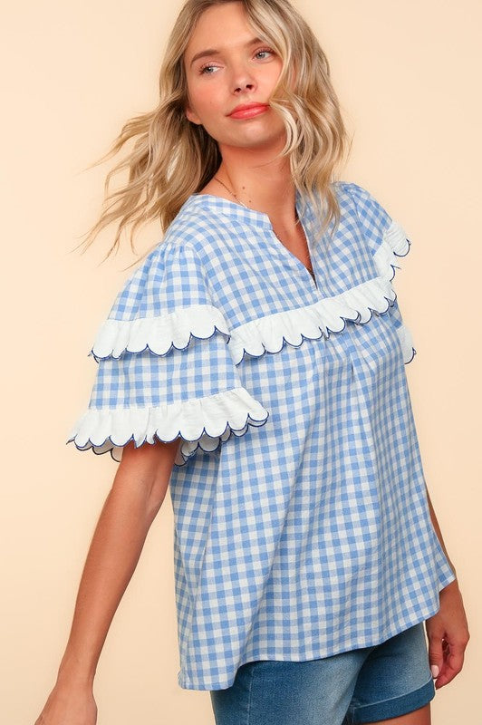 Haptics Plaid Scallop Hem Notched Blouse In Sky Blue