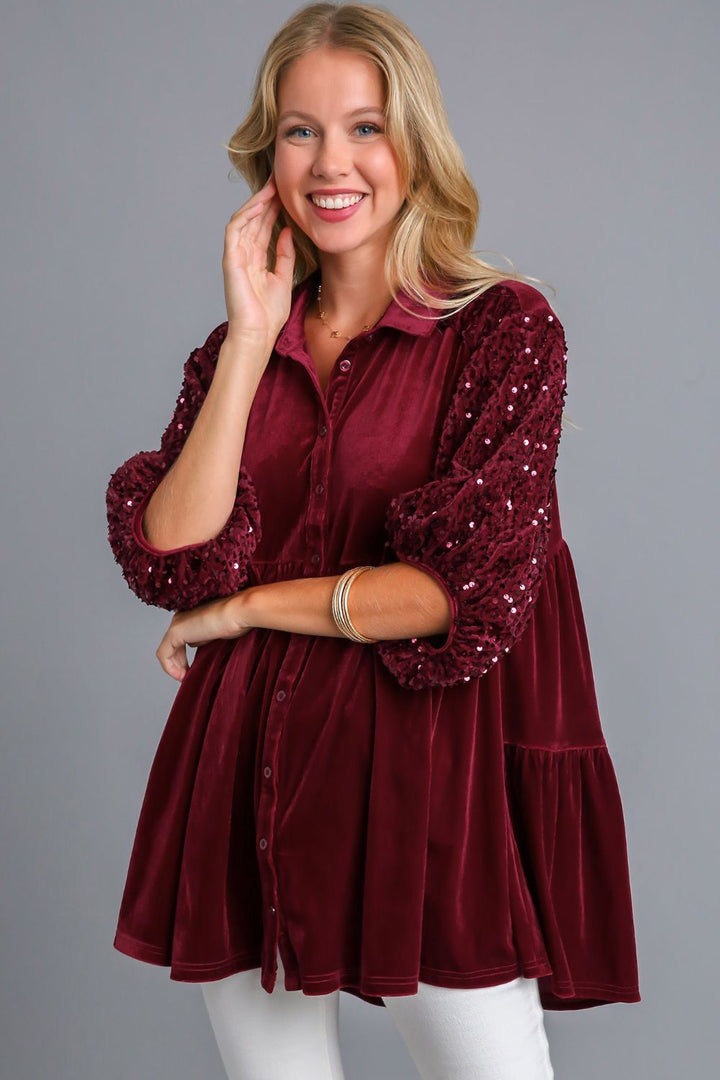 Umgee Sequin Detail Tiered Top In Wine