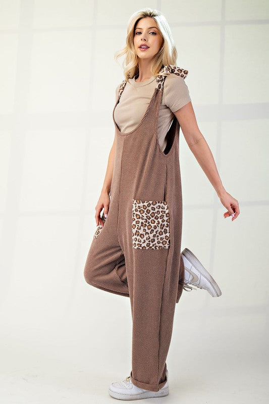 Celeste Ribbed Leopard Tied Shoulder Overalls In Taupe