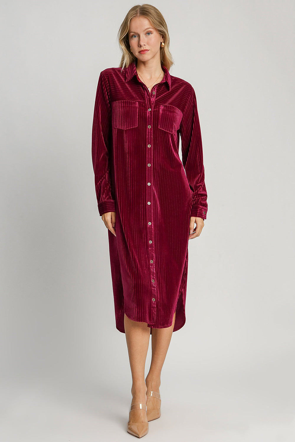 Umgee Texture Curved Shirt Dress In Burgundy