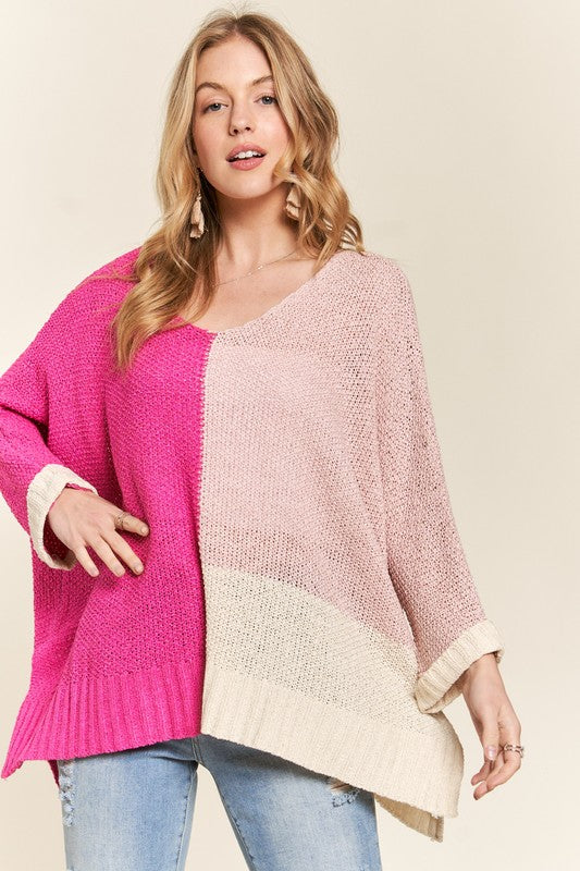 ADORA Side Slit Color Block Sweater In Hot Pink