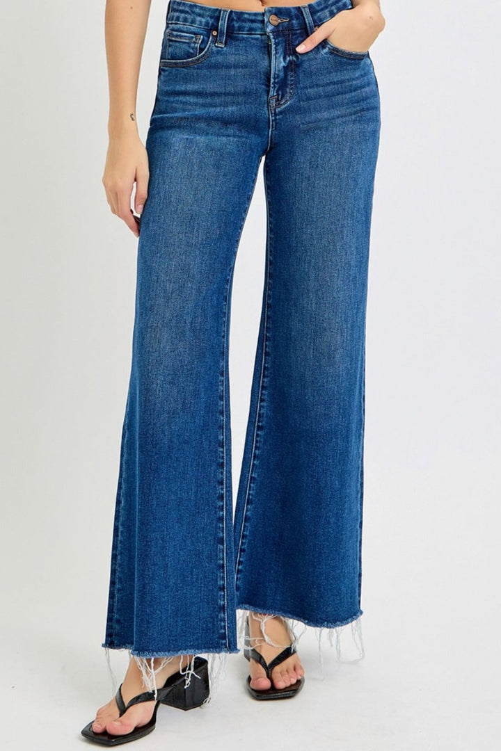 RISEN Tummy Control High Rise Wide Leg Jeans In Dark Wash