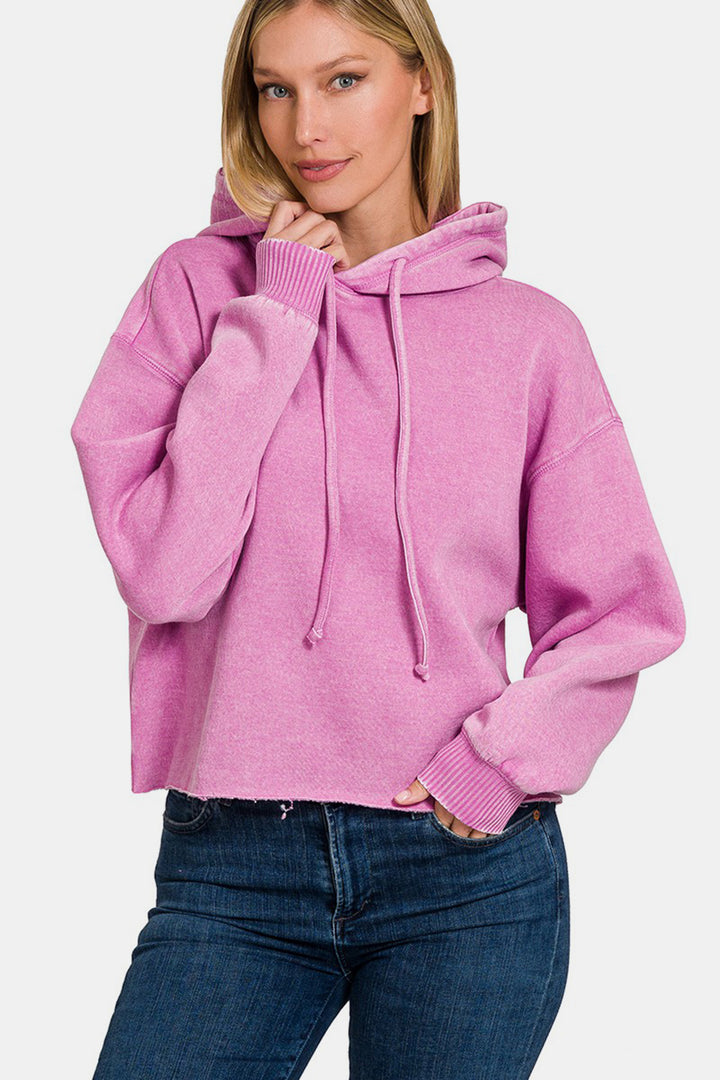 Zenana Acid Wash Fleece Cropped Hoodie In Mauve