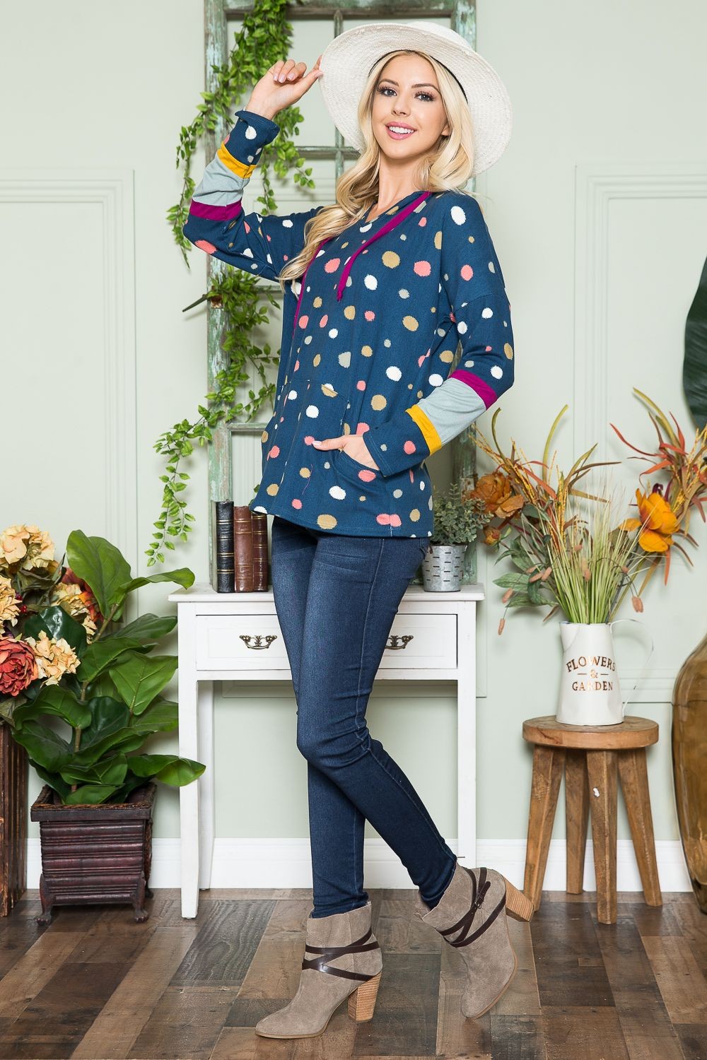 Celeste Polka Dot Drawstring Hoodie In Navy