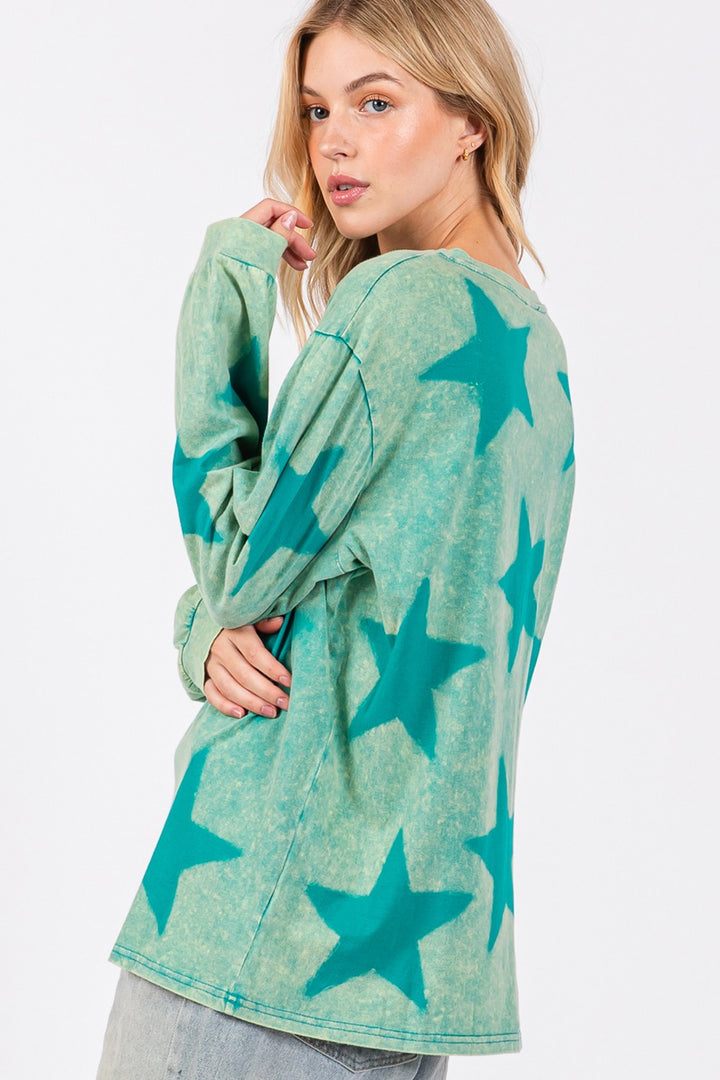 SAGE + FIG Mineral Wash Star Pattern Top In Turquoise