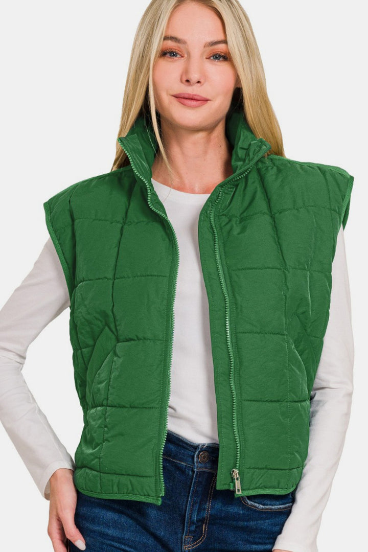 Zenana Zip Up Cropped Puffer Vest with Pockets In Green