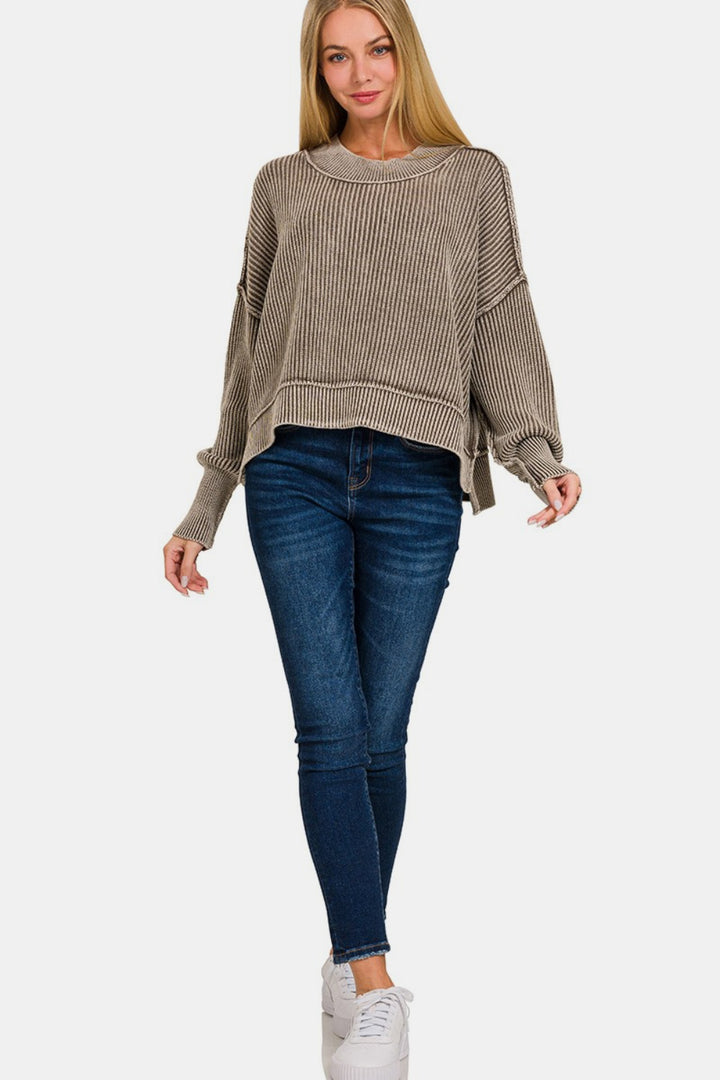 Zenana Exposed Seam Sweater In Mocha