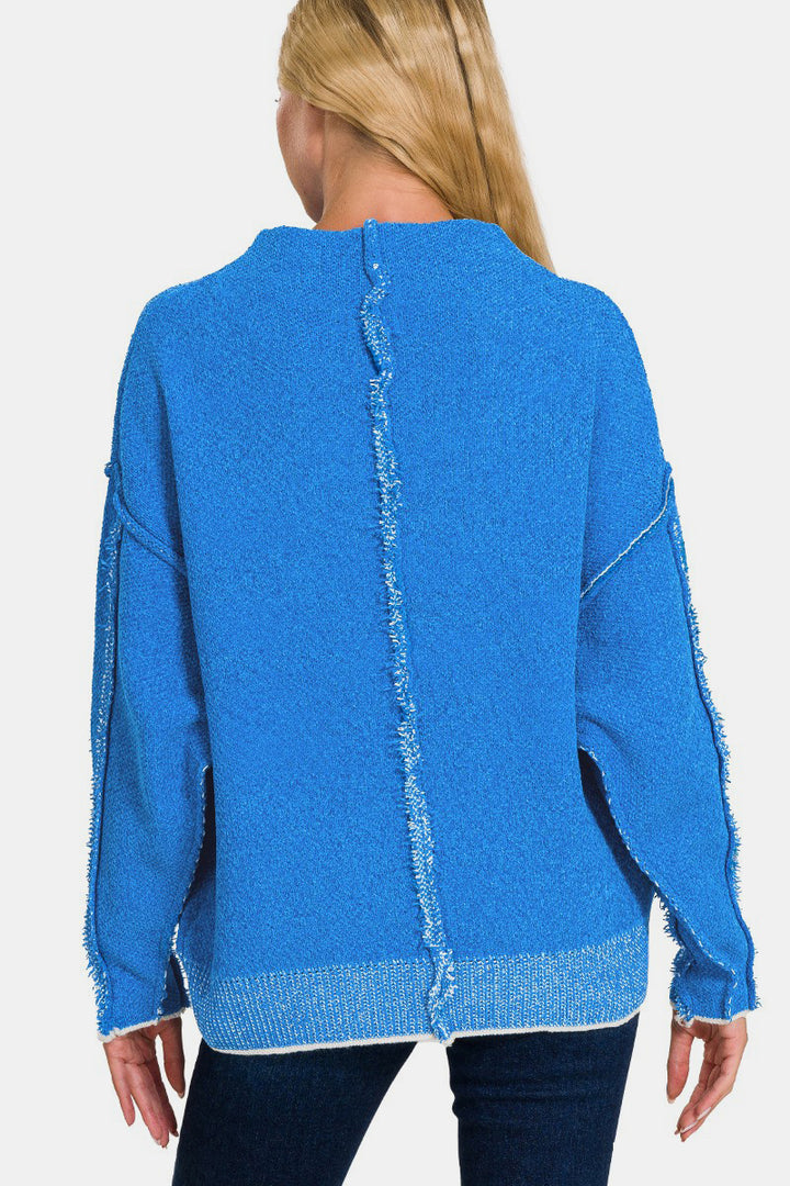 Zenana Exposed Seam Mock Neck Sweater In Ocean Blue