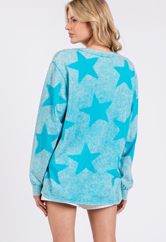 SAGE + FIG Mineral Wash Star Pattern T-Shirt  In Aqua