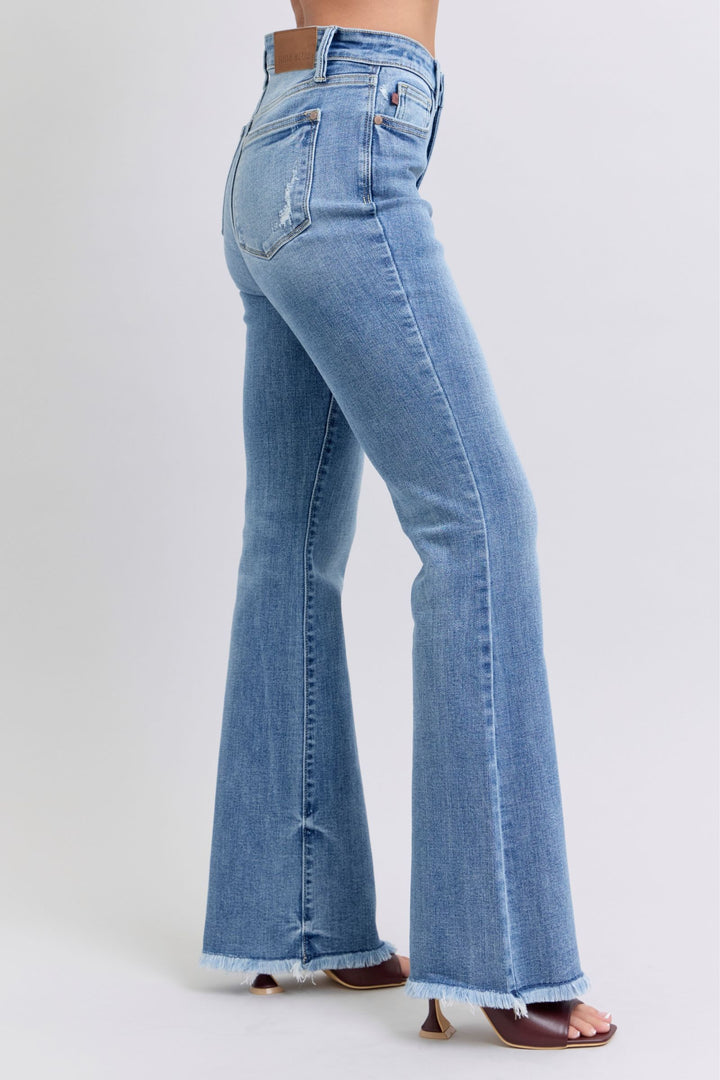 Judy Blue Raw Hem High Rise Bootcut Jeans In Medium Wash