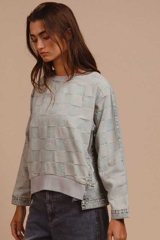 BiBi Mineral Washed Checkered Denim Top