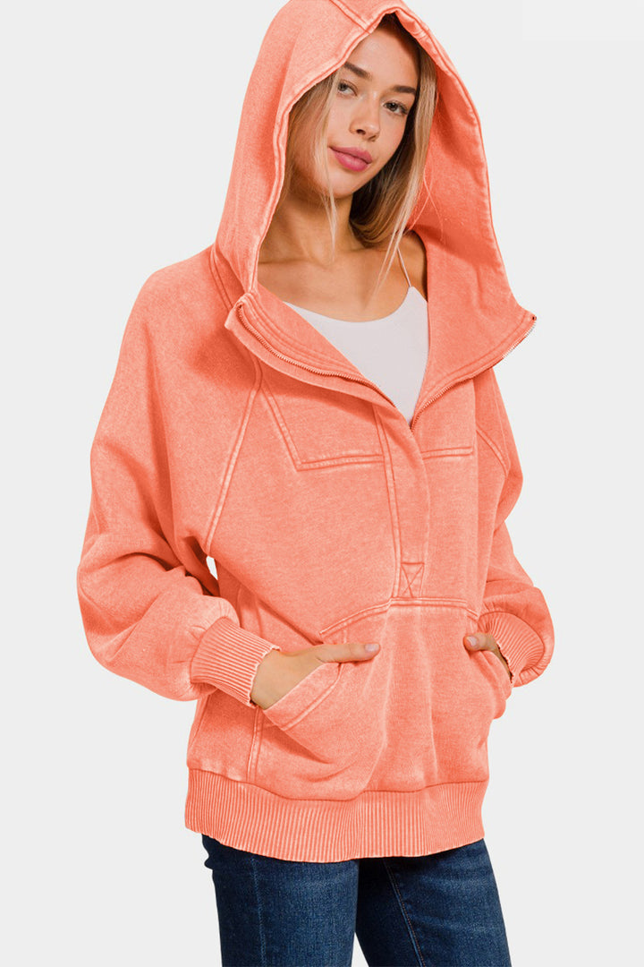 Zenana Acid Wash Fleece Kangaroo Hoodie In Coral