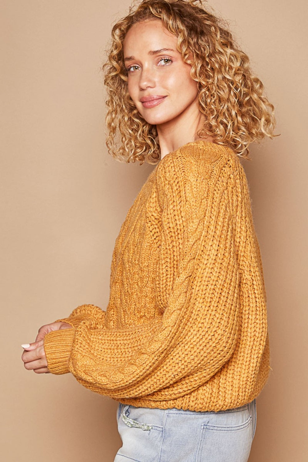 POL Cable Knit Cutout Long Sleeve Sweater In Honey Mustard