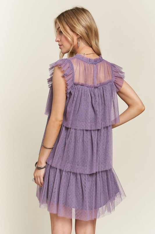 ADORA Layered Ruffled Cap Sleeve Mesh Dress In Mauve