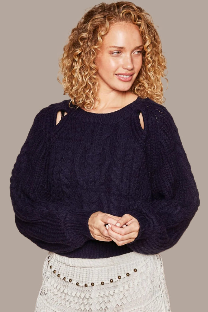 POL Cable Knit Cutout Long Sleeve Sweater In Navy