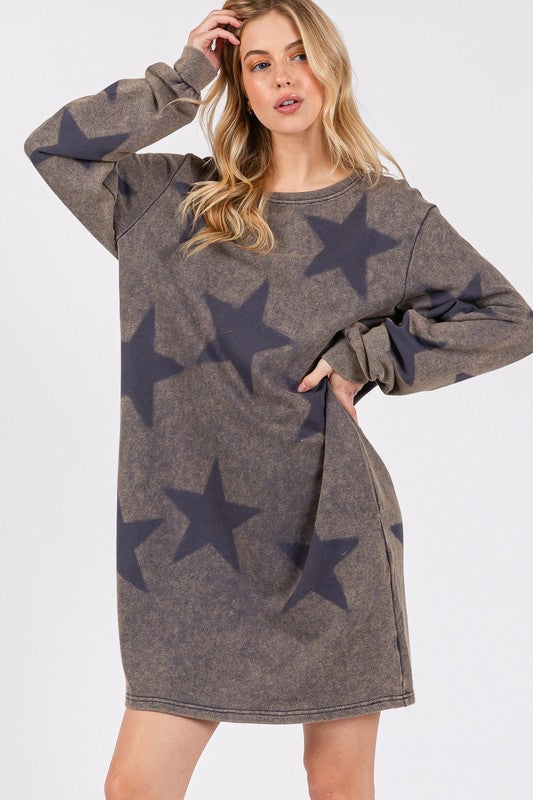 SAGE + FIG Washed Star Print Dress In Gray