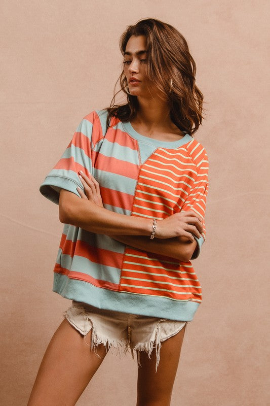 BiBi Striped French Terry Top In Coral