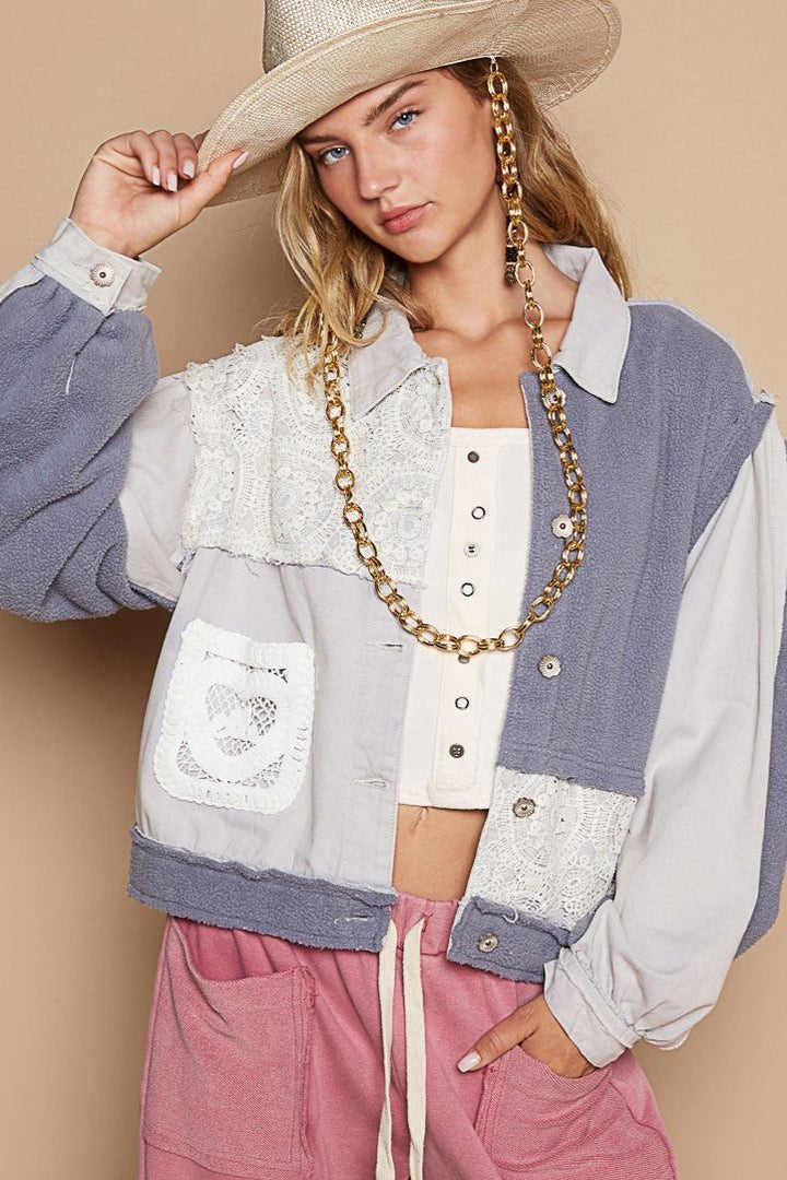 POL Crochet Patch Exposed Seam Button Up Jacket In Denim Blue