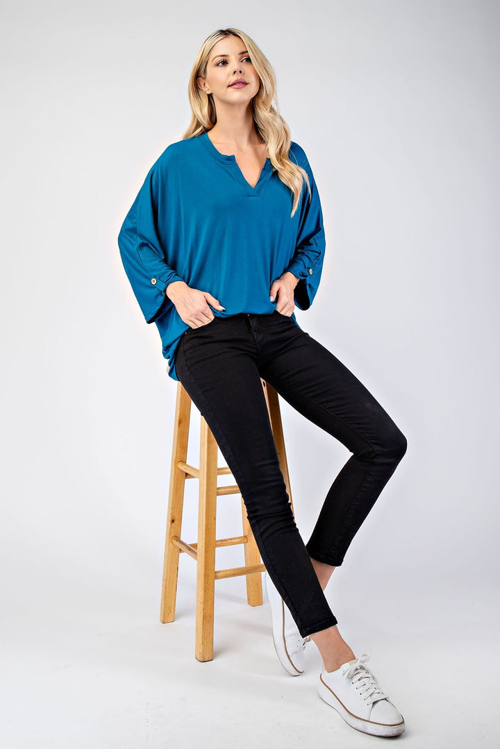 Celeste Notched Three-Quarter Sleeve Blouse In Teal