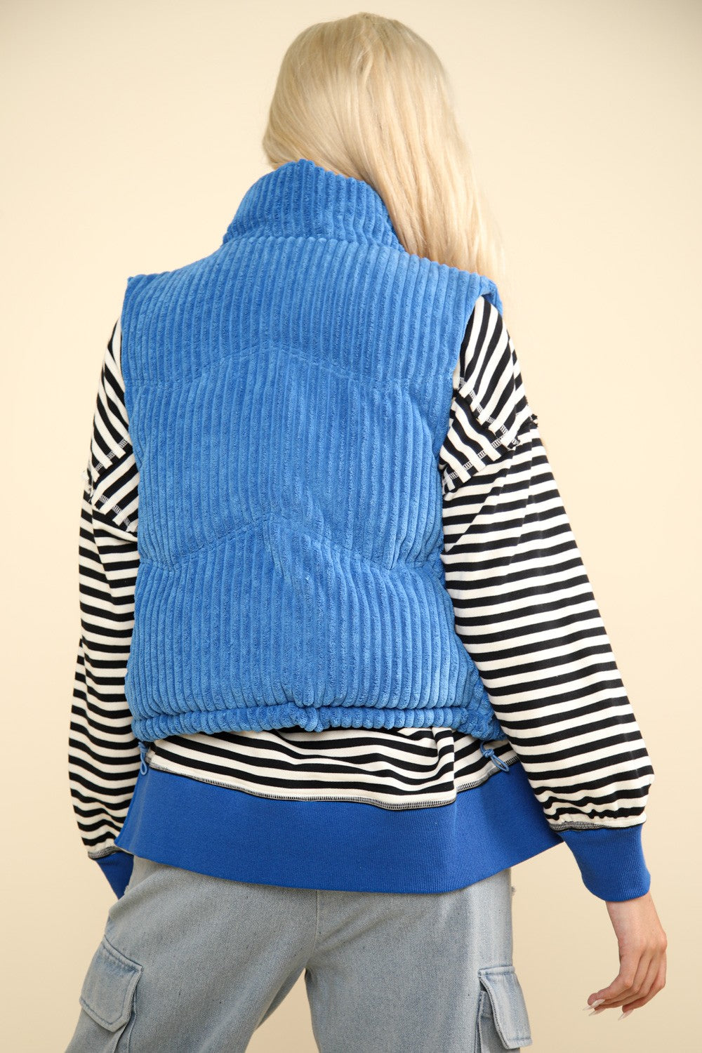 VERY J Zip Up Padded Corduroy Puffer Vest In Blue