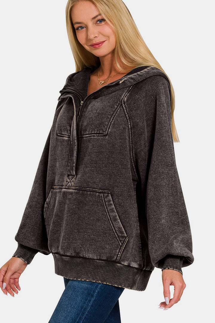 Zenana Acid Wash Fleece Kangaroo Hoodie In Ash Black