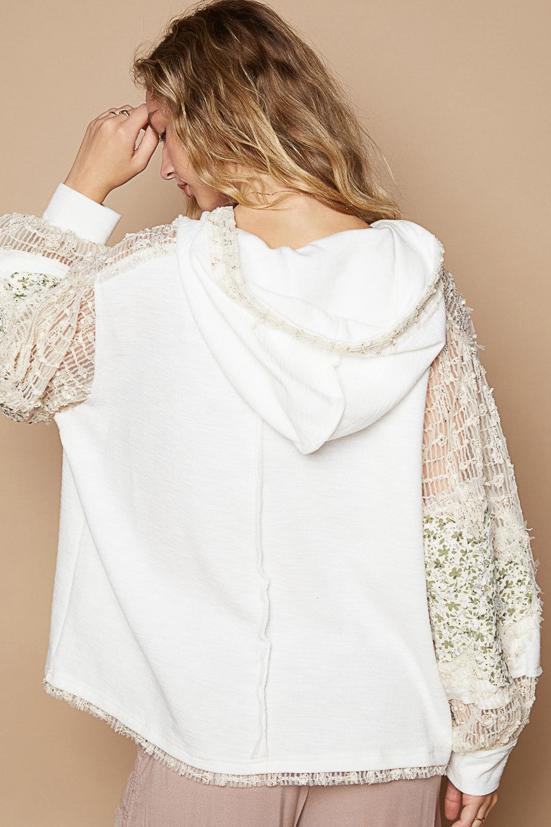 POL Star Patch Lace Contrast Long Sleeve Hooded Top In Ivory