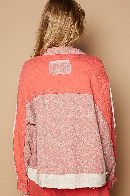 POL Floral Patchwork Zip Up Jacket In Coral