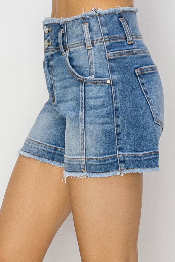 RISEN Julia High Rise Seam Detailed Raw Edge Denim Shorts