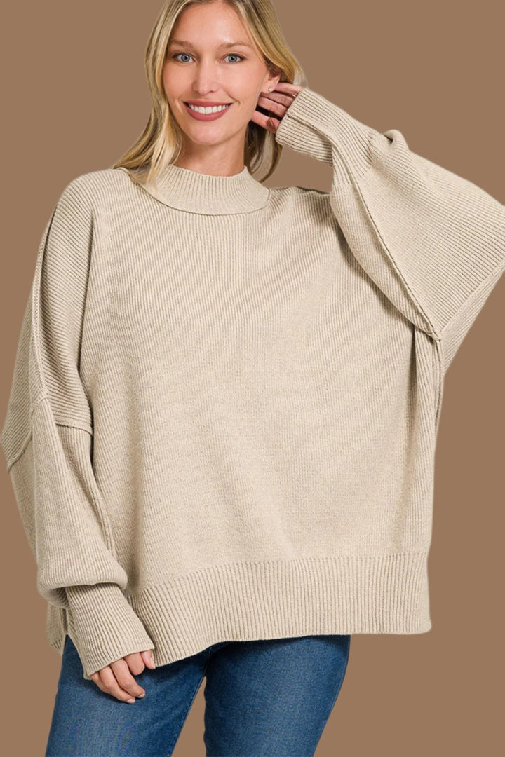 Zenana Side Sit Oversize Sweater In H Beige