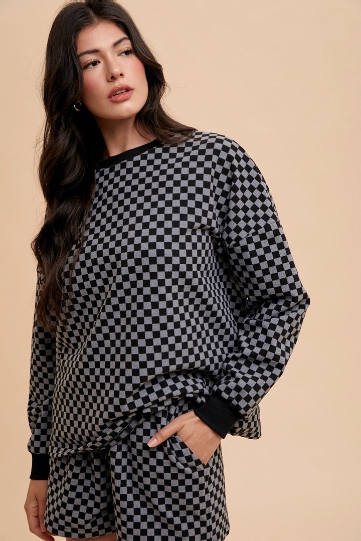 Annie Wear Checkered Top and Drawstring Shorts Set In Black