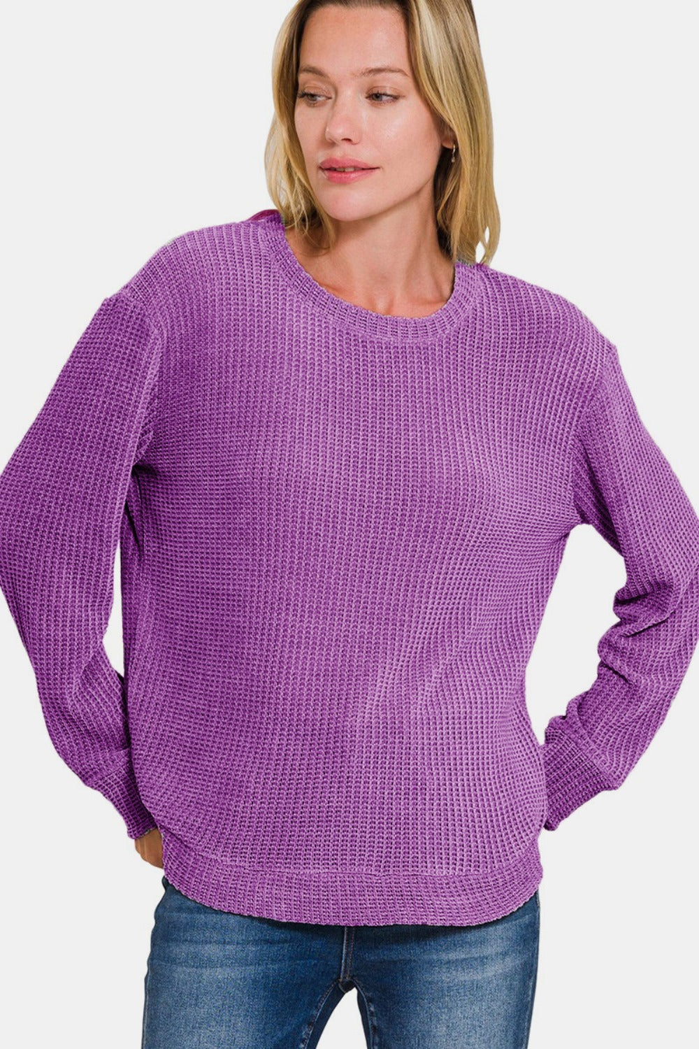 Zenana Chenille Waffle Round Neck Sweater In Violet