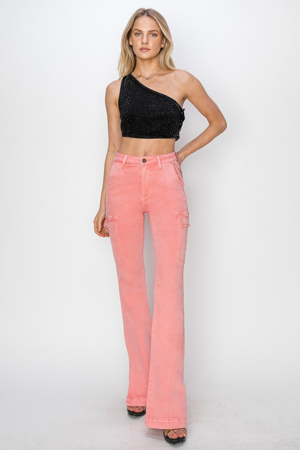 RISEN Pink Out High Rise Side Slit Cargo Bootcut Jeans