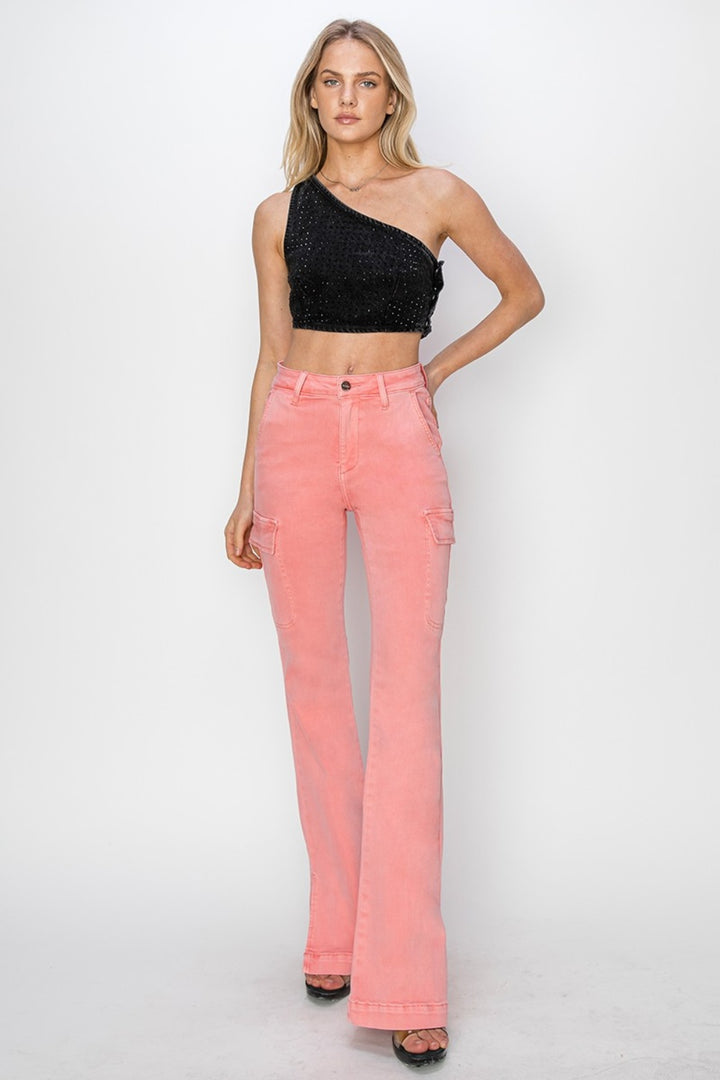 RISEN Pink Out High Rise Side Slit Cargo Bootcut Jeans