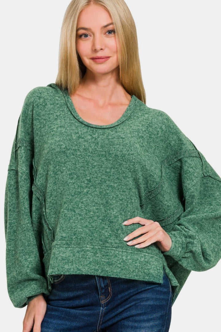 Zenana Brushed Hacci Exposed Seam Hoodie Green