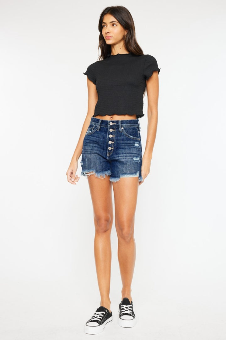 Kancan Lucy Raw Hem Button-Fly Denim Shorts