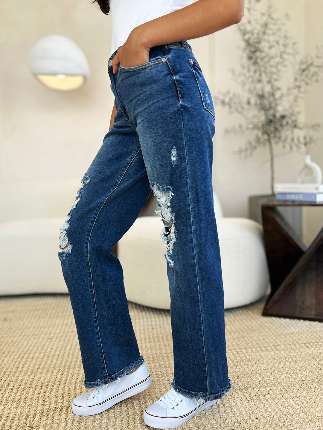 Judy Blue Memories Mid Rise Distressed Raw Hem Jeans