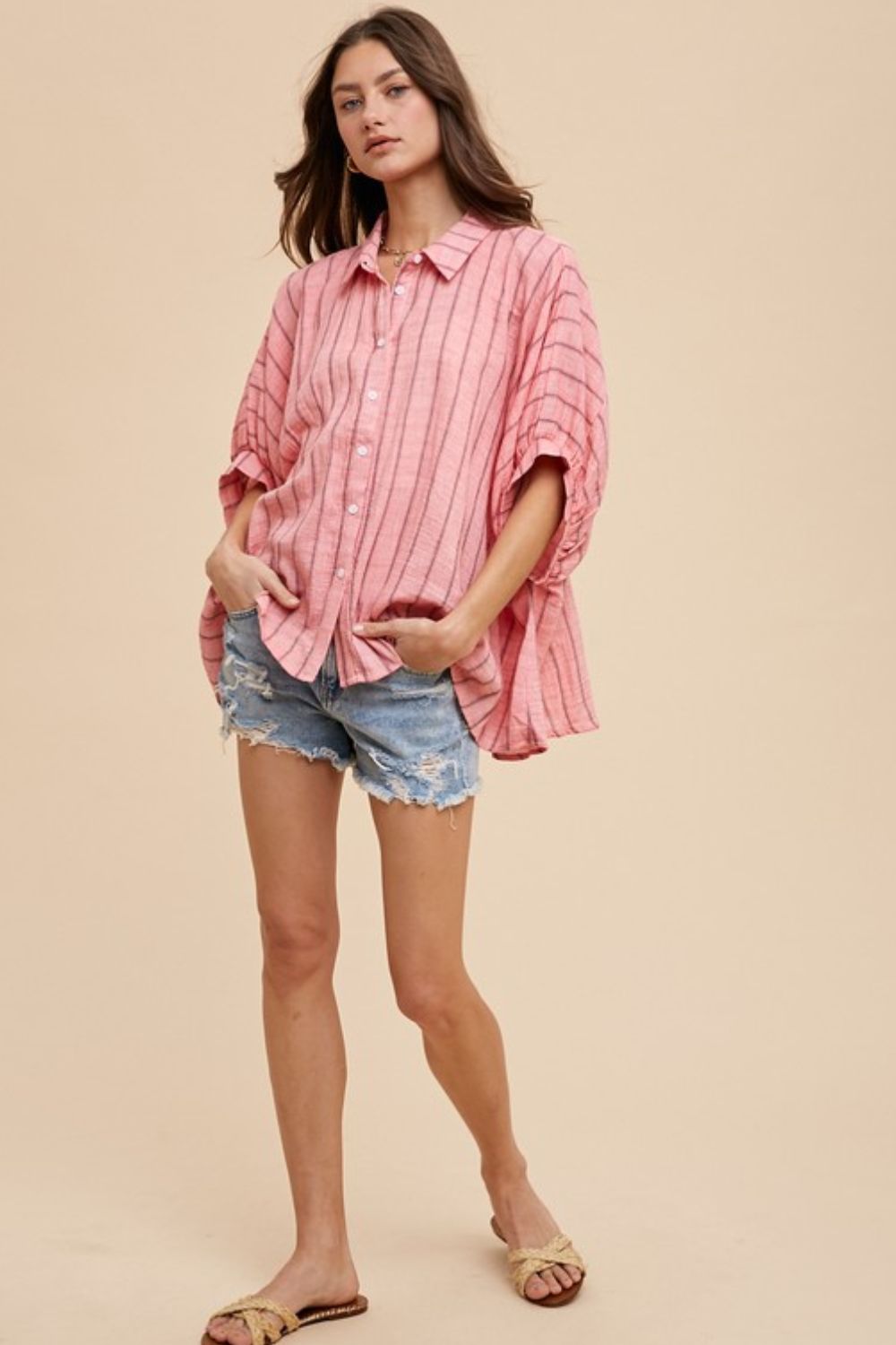 Annie Wear Striped Button Up Half Sleeve Shirt In Coral