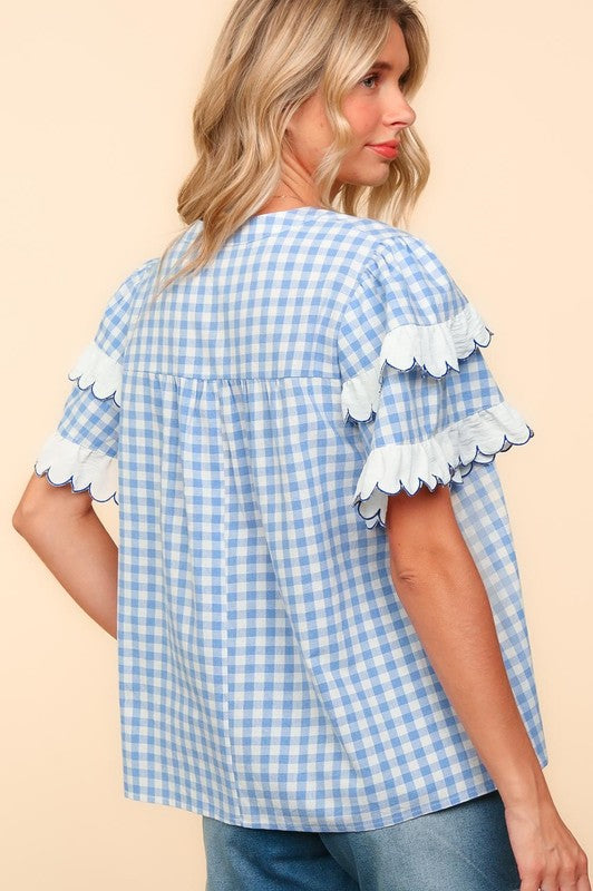 Haptics Plaid Scallop Hem Notched Blouse In Sky Blue