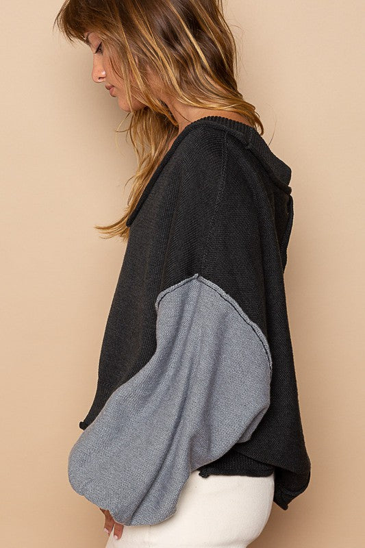 POL Exposed Seam Roll Edge Color Block Sweater In Black