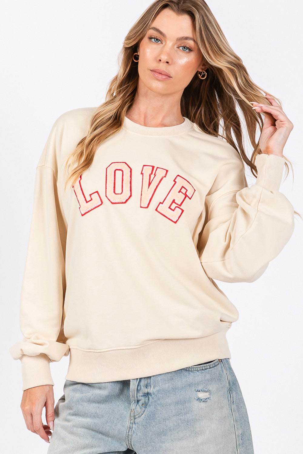 SAGE + FIG LOVE Path Applique Drop Shoulder Sweatshirt In Ivory