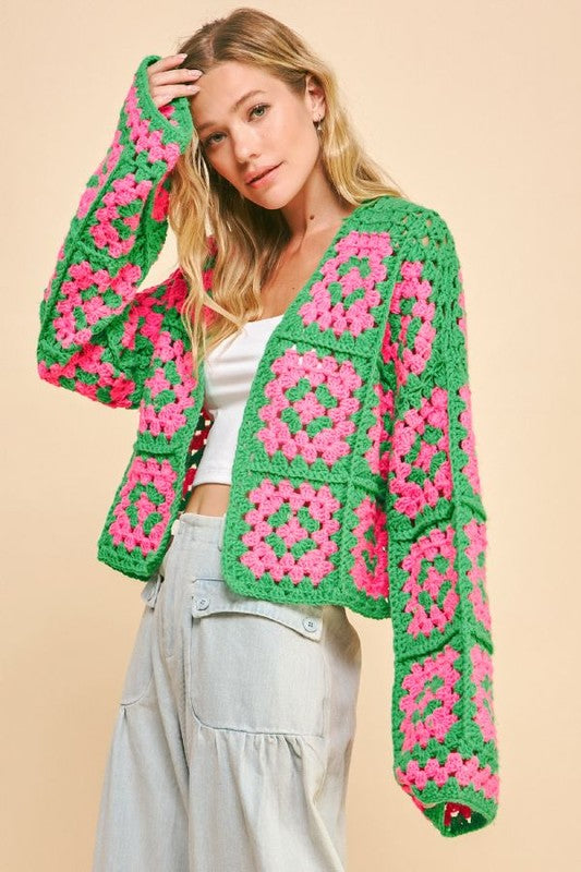 Davi & Dani Two Tone Flower Crochet Cardigan In Green