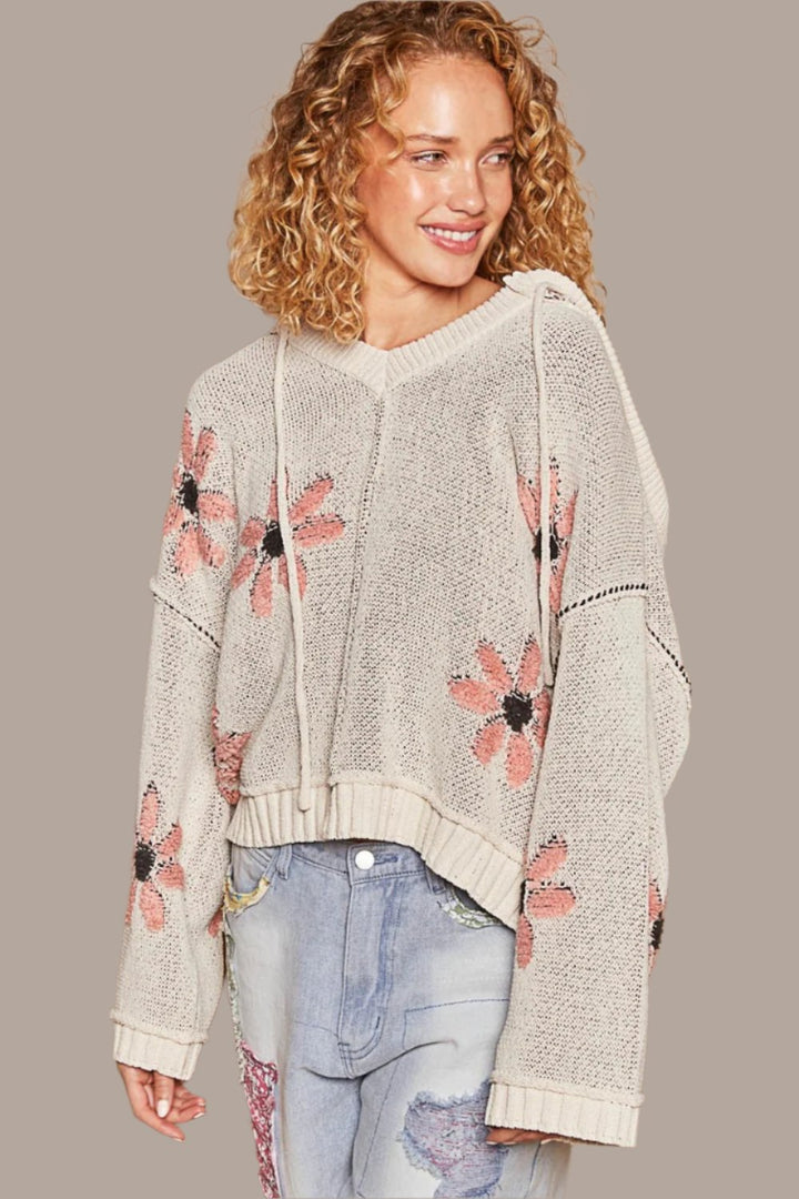 POL Floral Pattern Hooded High-Low Sweater In Pale Almond