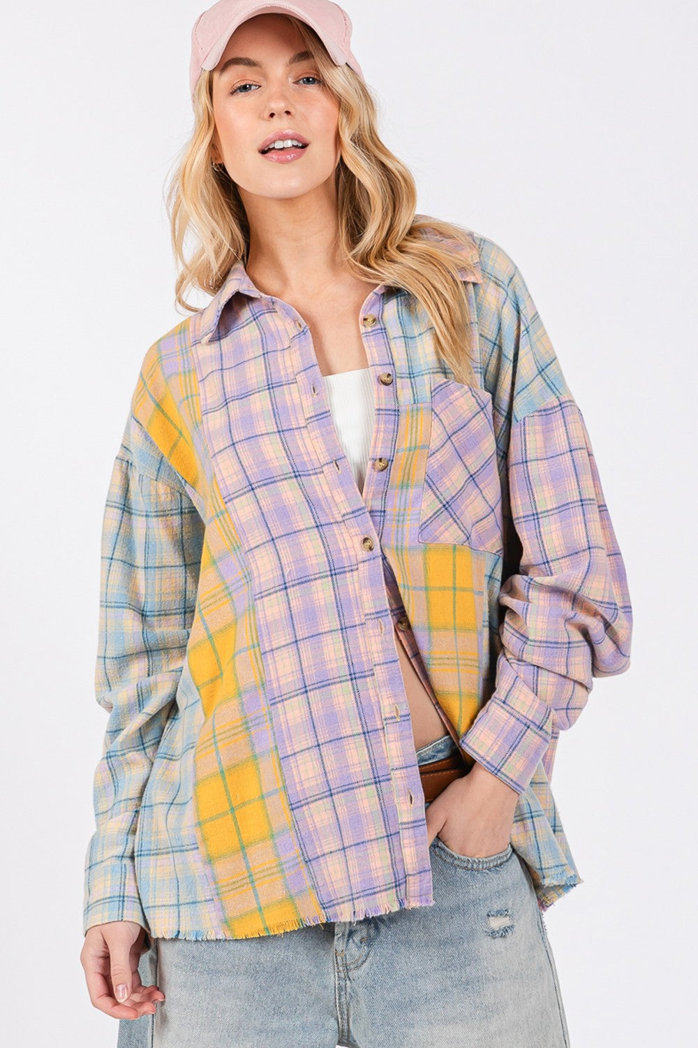 SAGE + FIG Button Up Raw Hem  Plaid Flannel Top In Lavender