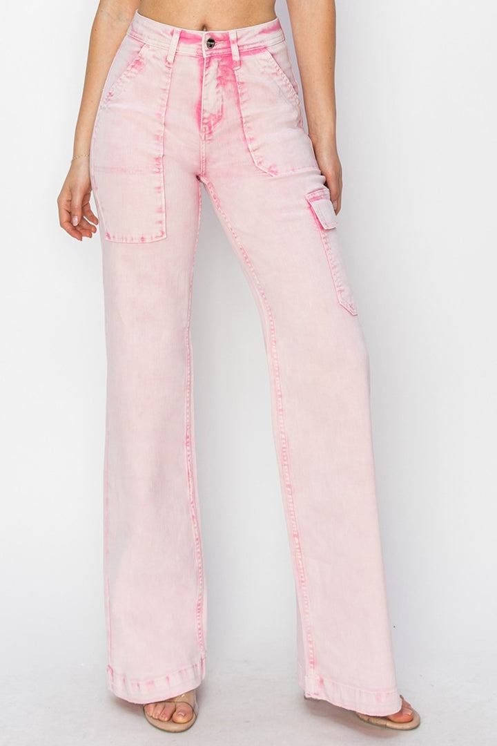 RISEN Blow Pop High Rise Wide Leg Cargo Pocket Jeans