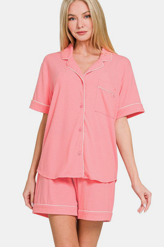 Zenana Button Down Top and Shorts Lounge Set In Dk Pink